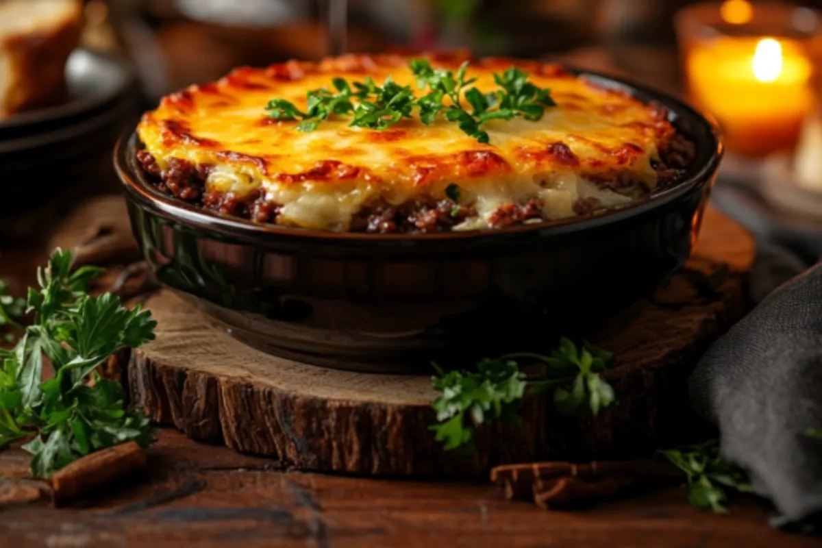 Ground beef and cabbage casserole on a rustic dinner table.