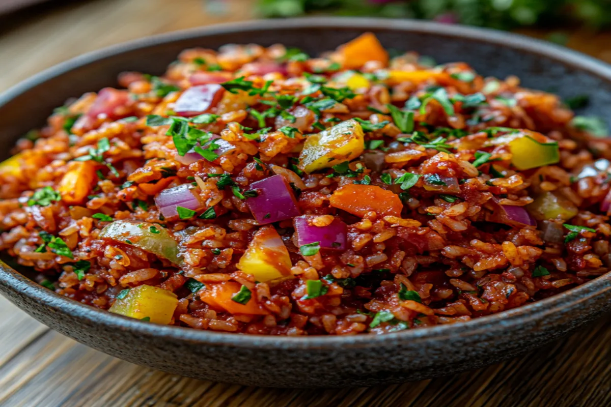 A delicious red rice recipe served with vegetables and olive oil
