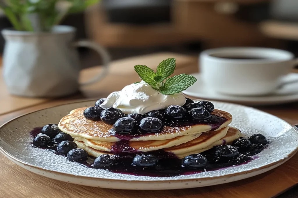 Pancakes topped with blueberry compote and whipped cream.