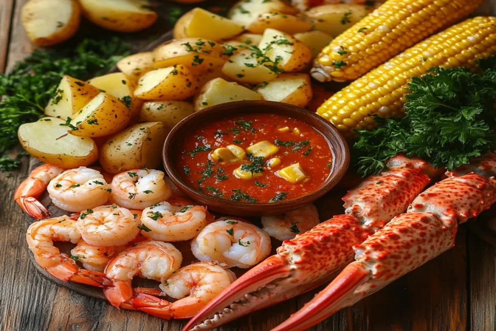 Seafood boil with crab, shrimp, and buttery seafood sauce on a rustic table.