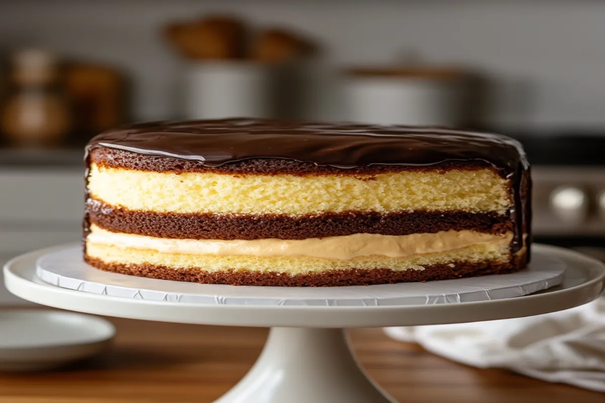 Boston cream cake with chocolate ganache and vanilla pastry cream layers