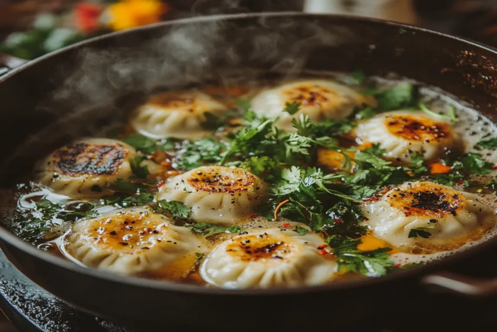 Freshly cooked dumplings floating in boiling water