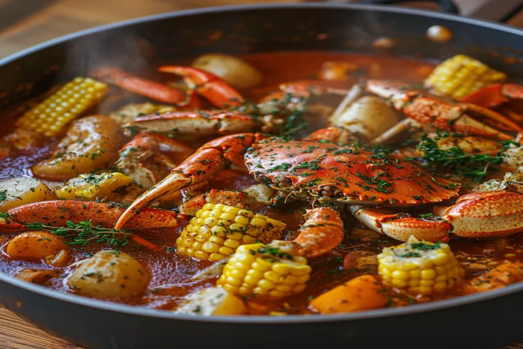 Crab boil liquid with seafood and vegetables.