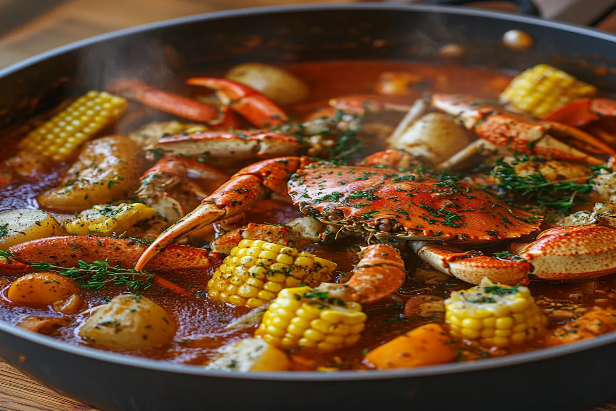 Crab boil liquid with seafood and vegetables.