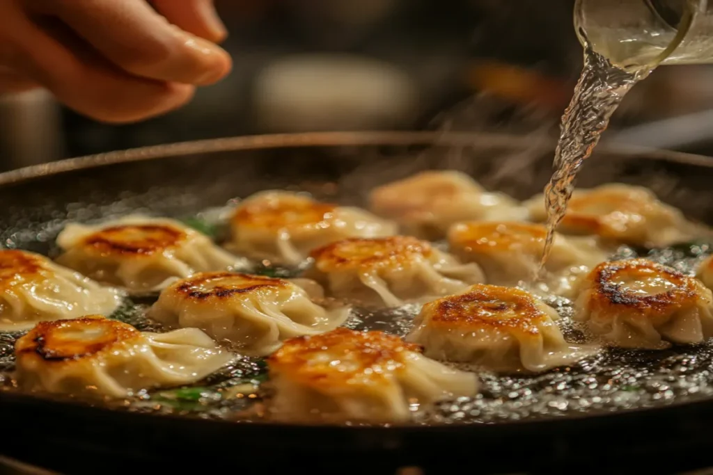 Pan-fried dumplings with crispy golden bottoms.