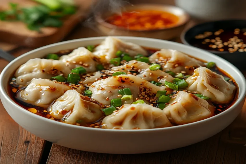 Freshly boiled dumplings served with dipping sauces.