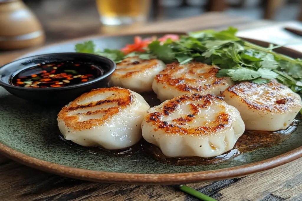 Steamed and fried dumplings on a rustic table with herbs.