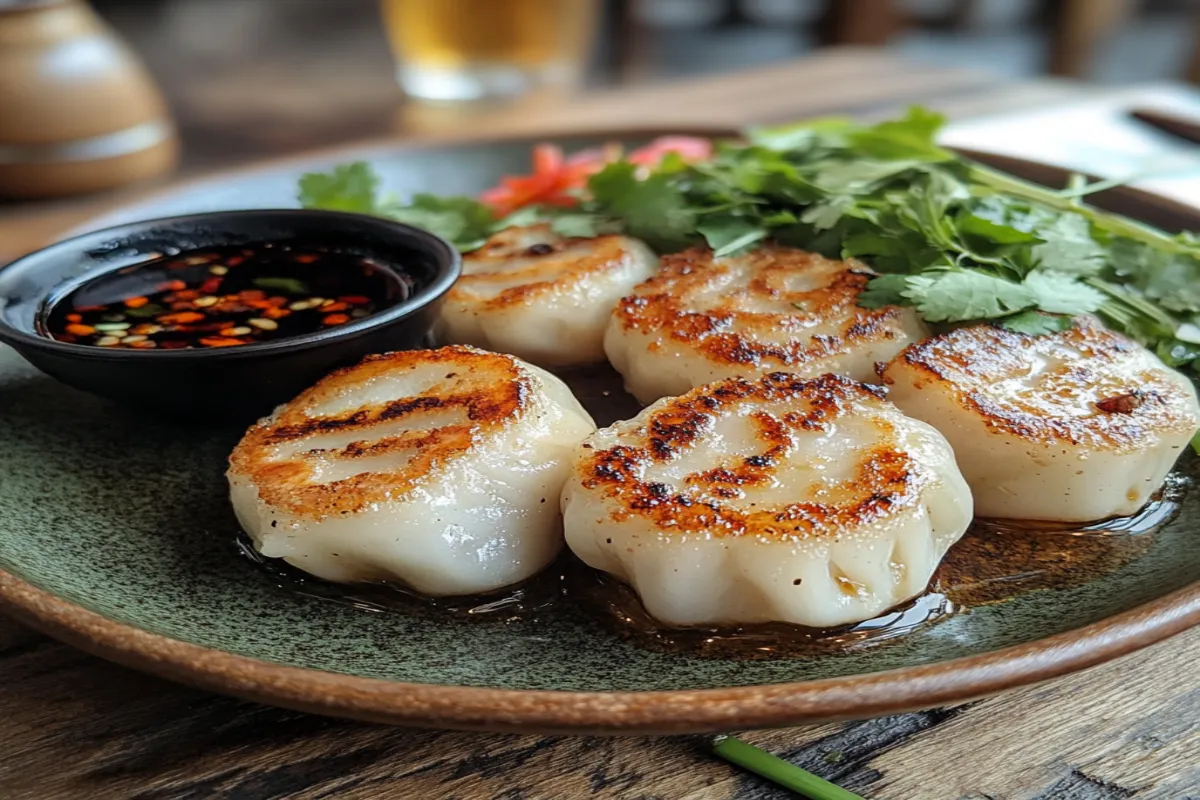 Steamed and fried dumplings on a rustic table with herbs.