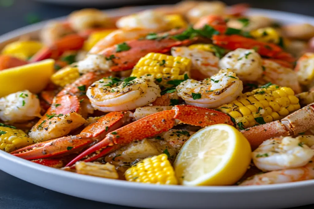 A seafood boil with shrimp, crabs and corn.