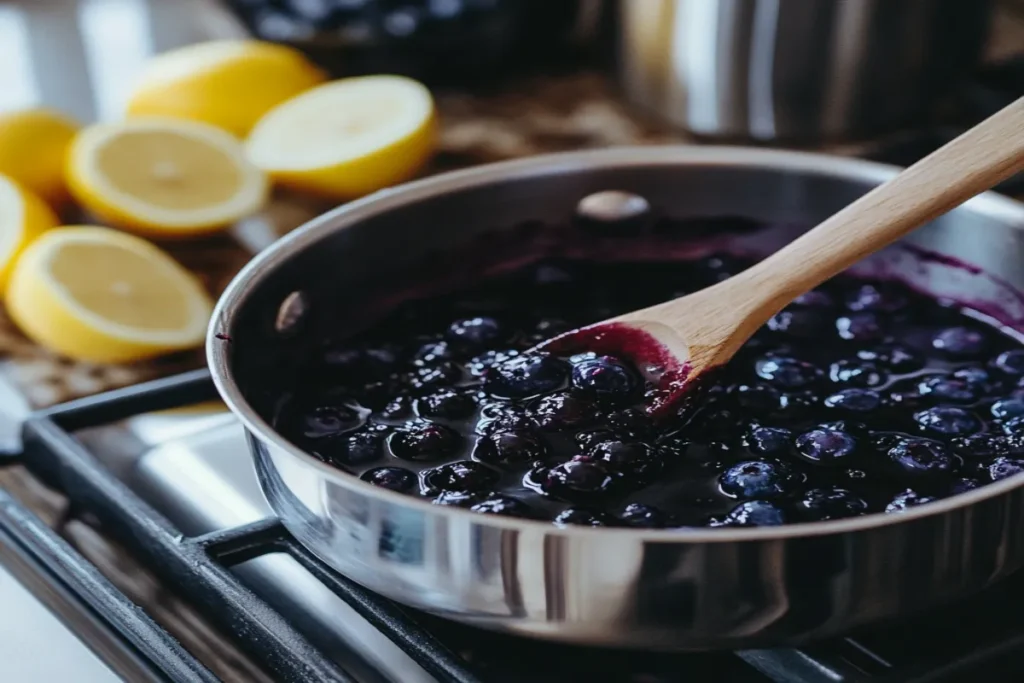 Making blueberry compote with fresh ingredients on the stove.