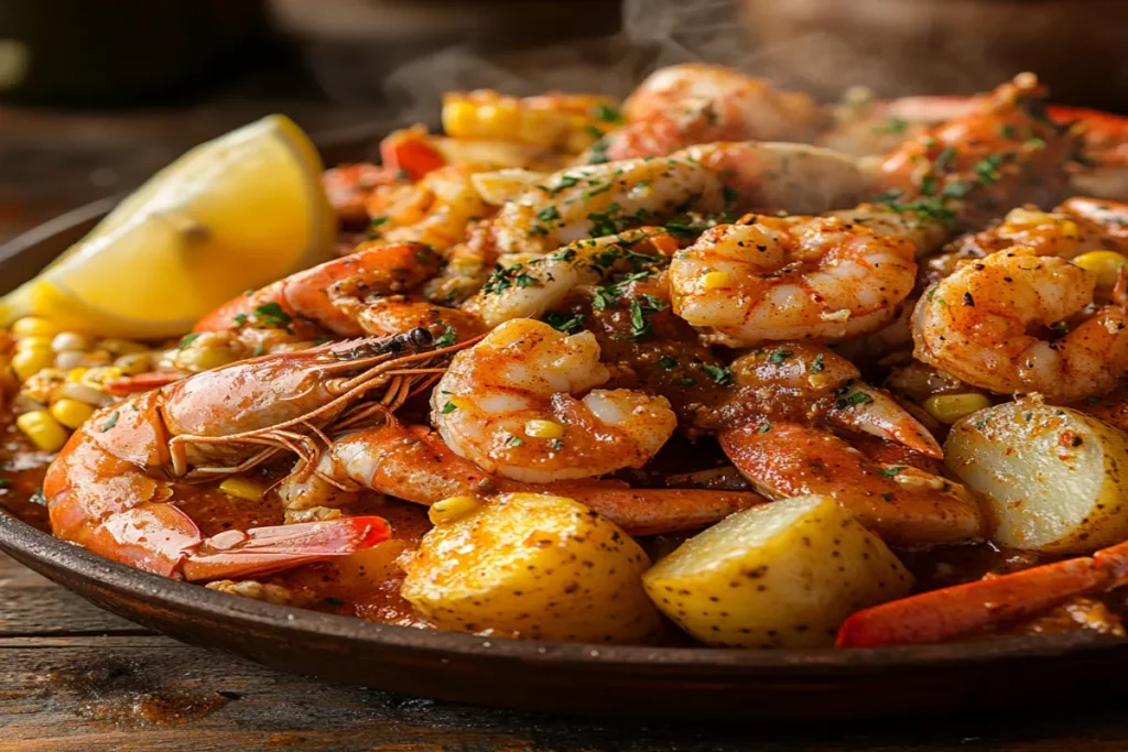 Delicious seafood boil with shrimp, crab, and golden sauce