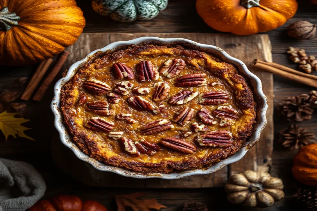 Golden pumpkin dump cake with pecans and caramel in a ceramic dish surrounded by fall decorations.