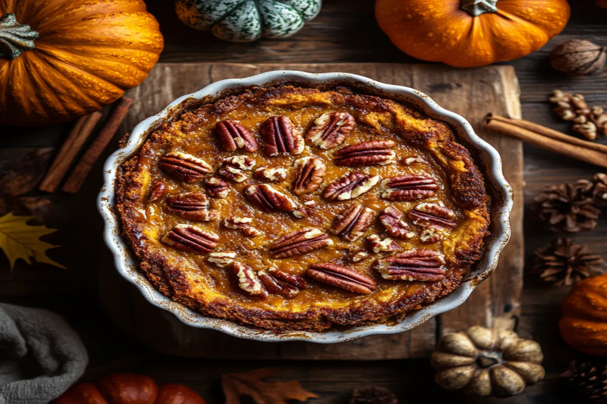 Golden pumpkin dump cake with pecans and caramel in a ceramic dish surrounded by fall decorations.