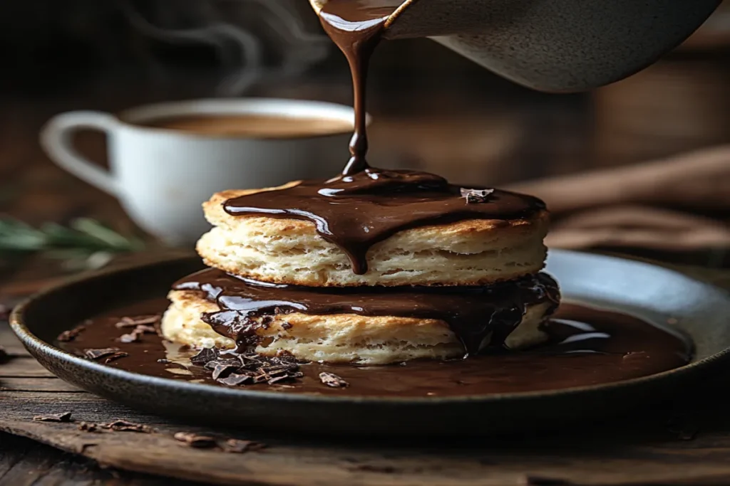 Chocolate gravy poured over biscuits for a Southern breakfast