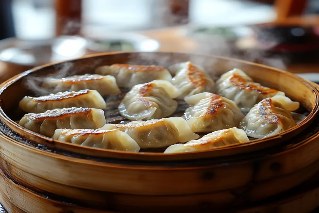 Steamed dumplings in a bamboo steamer basket.