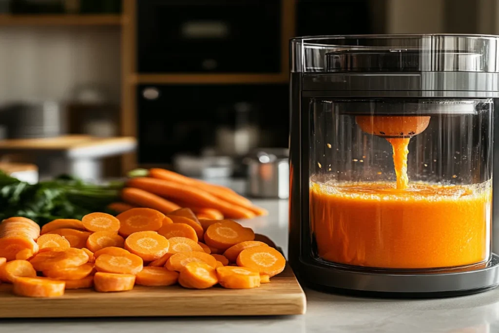 Carrot juice preparation with carrots, a juicer, and a glass.