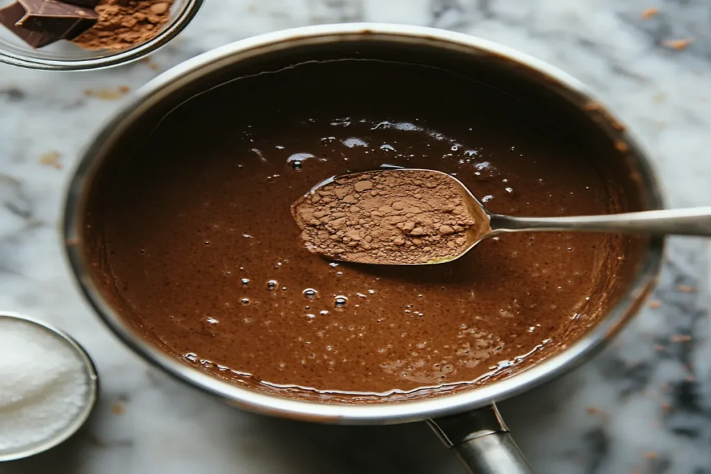 Making chocolate gravy from scratch in a saucepan