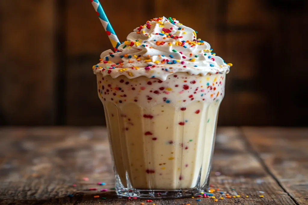 Thick protein shake topped with whipped cream and sprinkles.