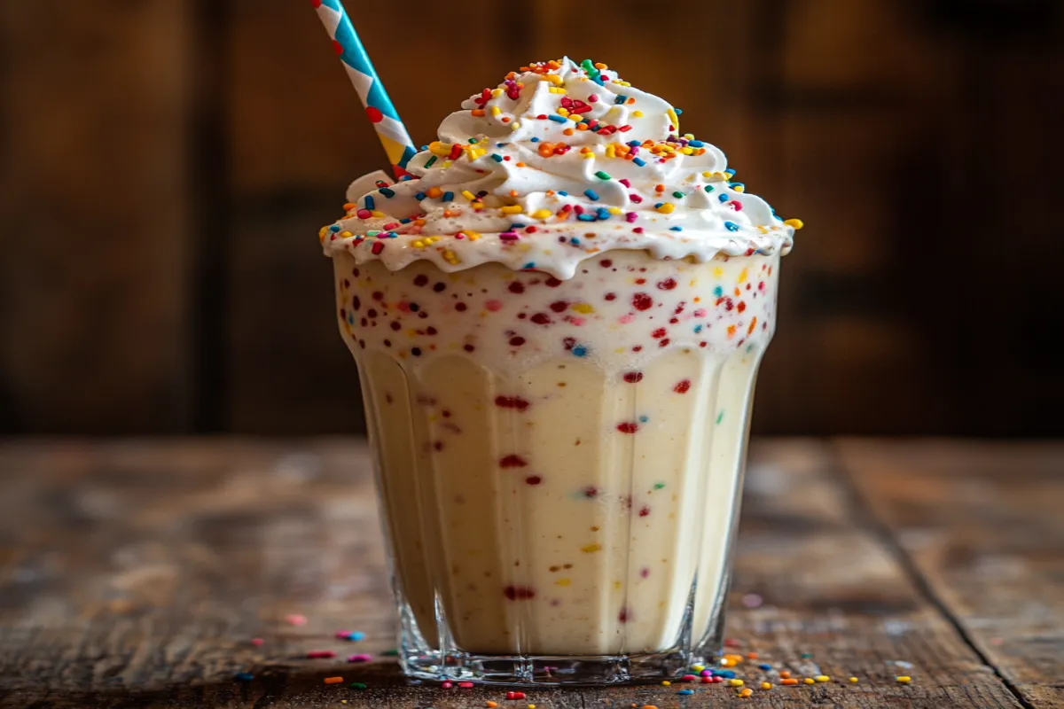 Thick protein shake topped with whipped cream and sprinkles.