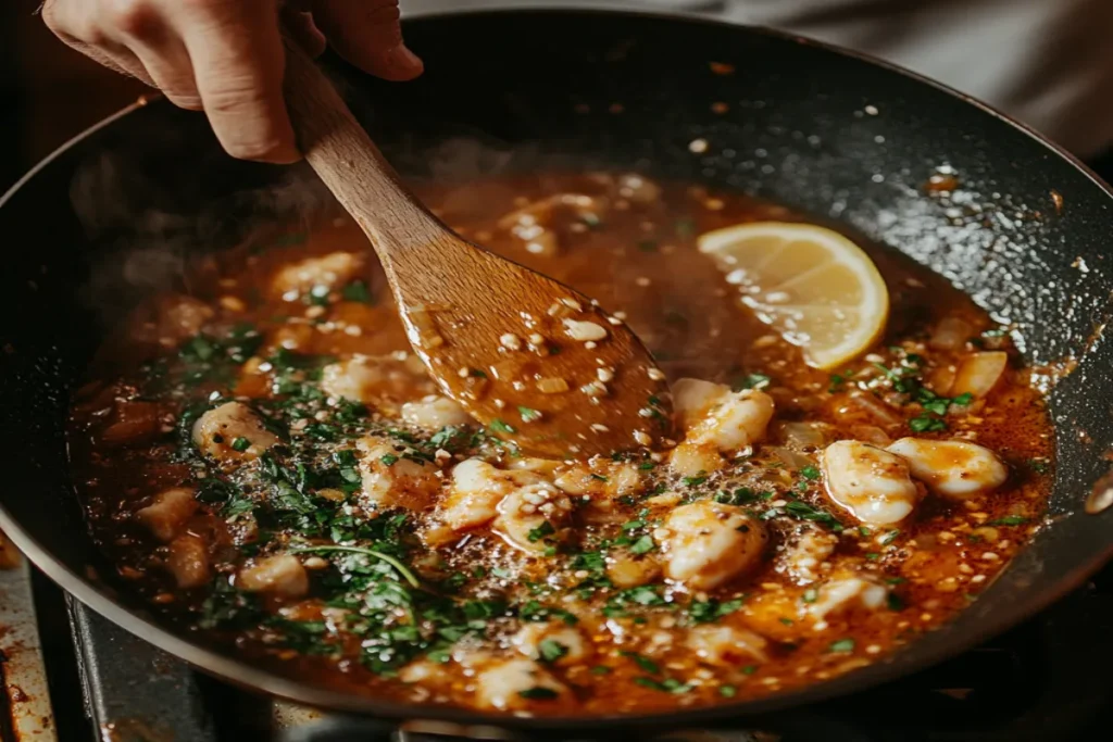Chef balancing flavors in seafood boil sauce with lemon