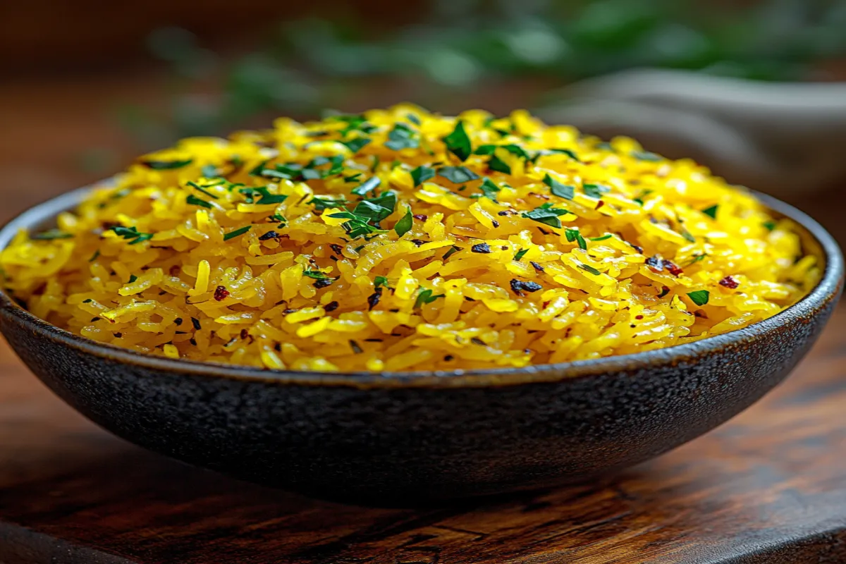 Saffron rice with herbs, aromatic and golden in color