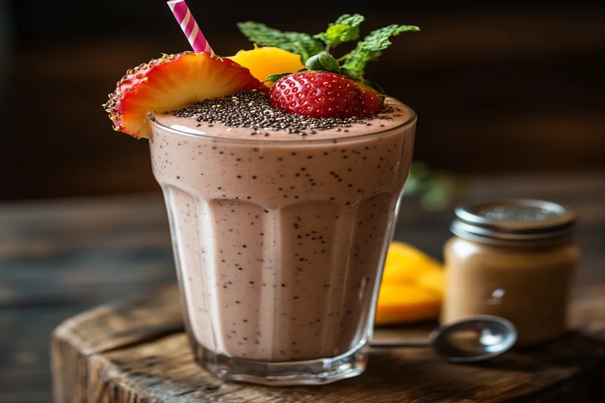 A creamy protein milkshake topped with fresh fruit slices and chia seeds.
