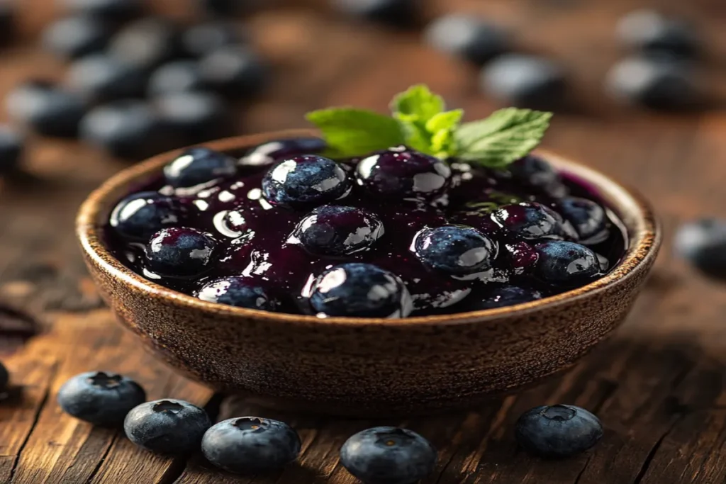 Homemade blueberry compote in a bowl with fresh blueberries.