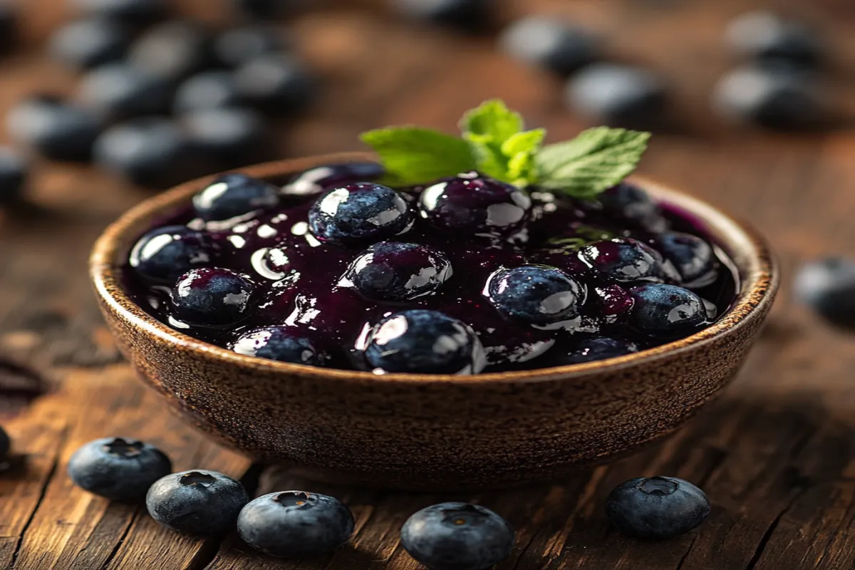 Homemade blueberry compote in a bowl with fresh blueberries.