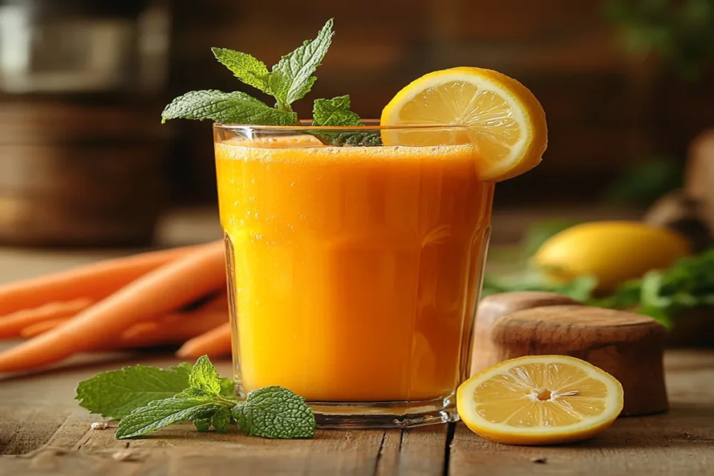 Freshly made carrot juice with lemon and mint on a wooden table.