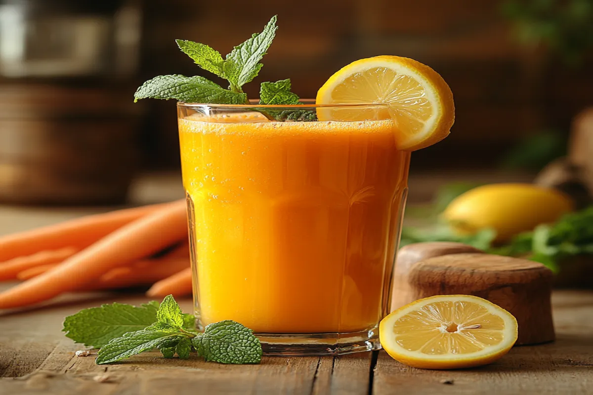 Freshly made carrot juice with lemon and mint on a wooden table.