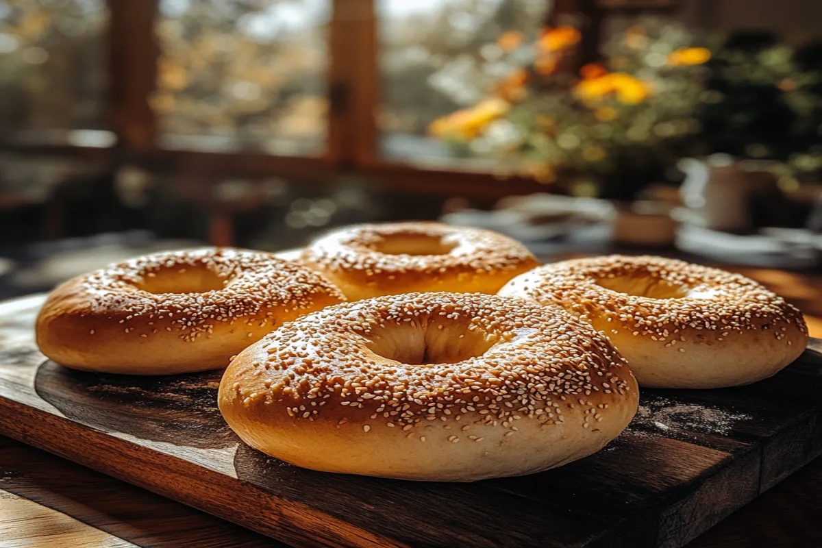 Freshly baked sourdough bagels on a wooden board