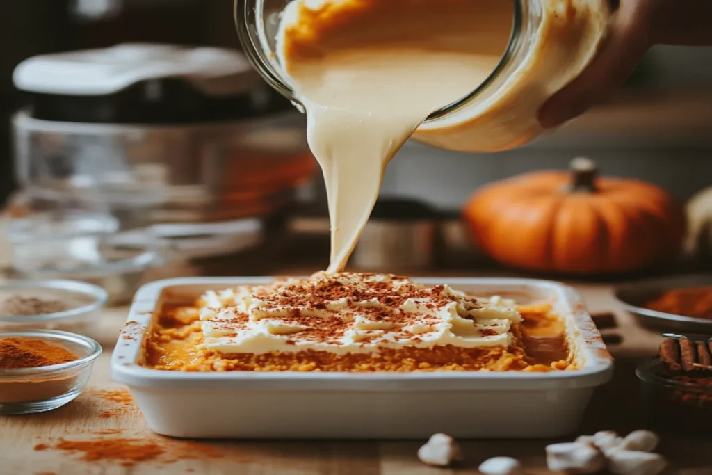 Ingredients for pumpkin dump cake and step-by-step preparation.