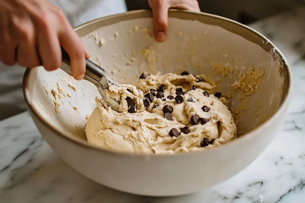 Baker mixing cookie dough with ingredients on a marble countertop