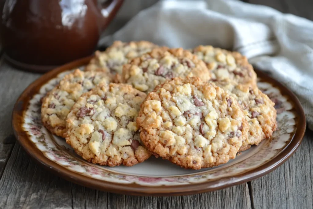 Freshly baked golden-brown crumble cookies with melted chocolate chips on a rustic table