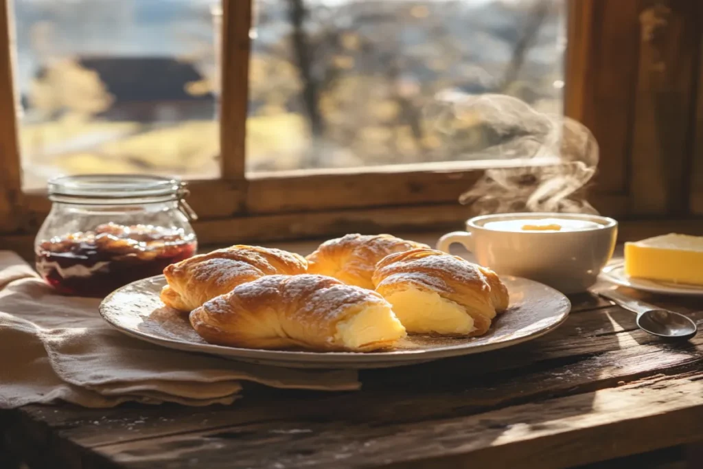 Freshly baked Swiss gipfeli pastries on a table with coffee.