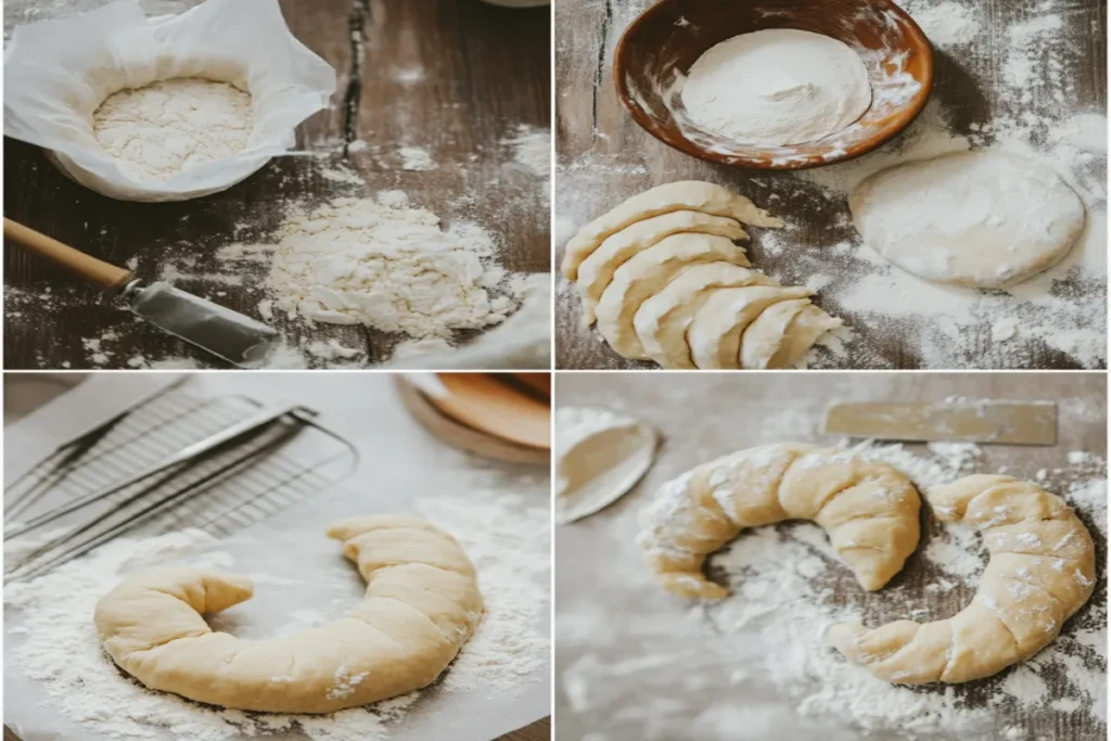 Shaping dough for homemade gipfeli crescents.