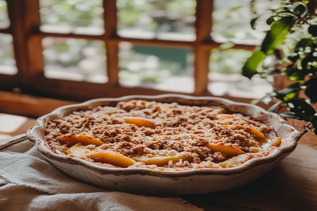 Freshly baked peach crumble in a rustic dish