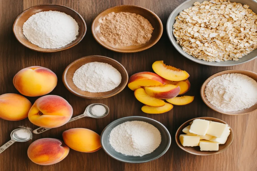 Ingredients for peach crumble on a wooden countertop