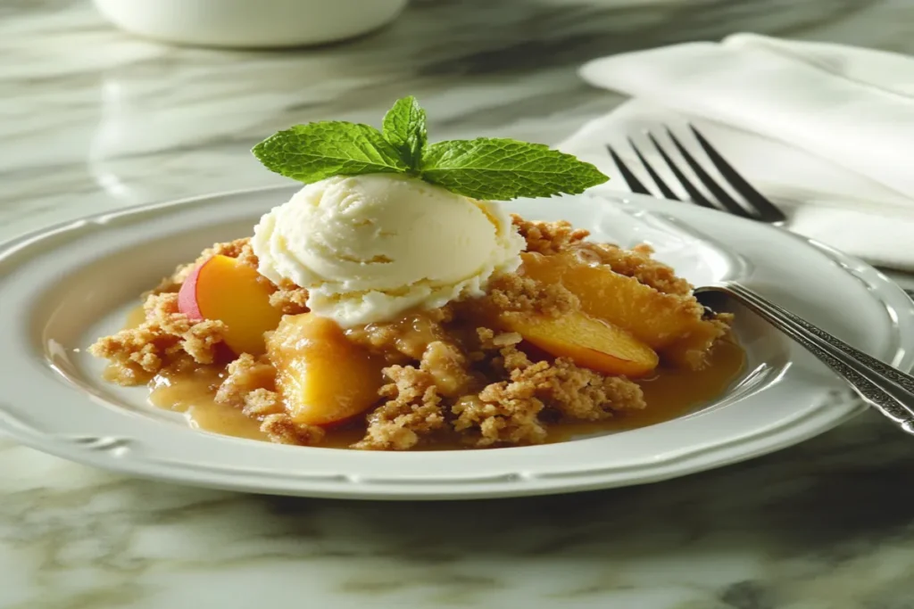 Peach crumble served with vanilla ice cream