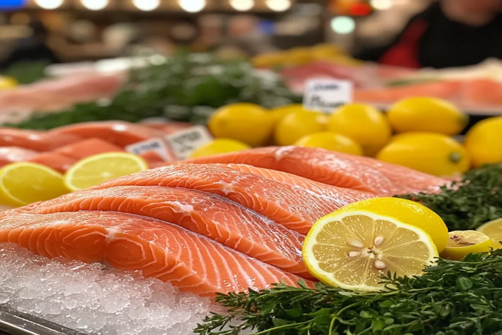 Fresh steelhead trout fillets on ice