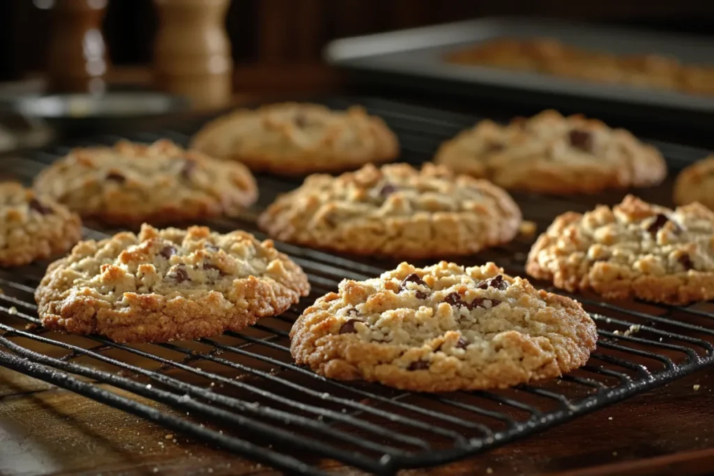 Fresh crumble cookies cooling on a wire rack with chocolate chips