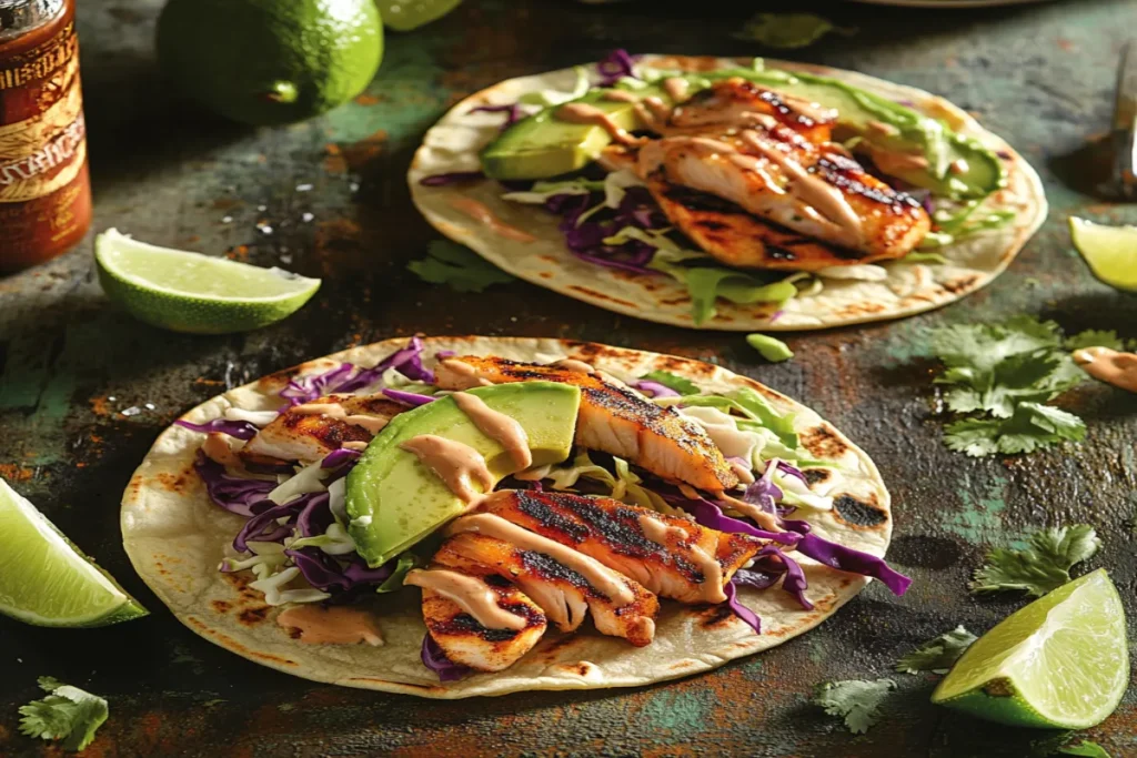 Steelhead trout tacos with cabbage slaw and avocado