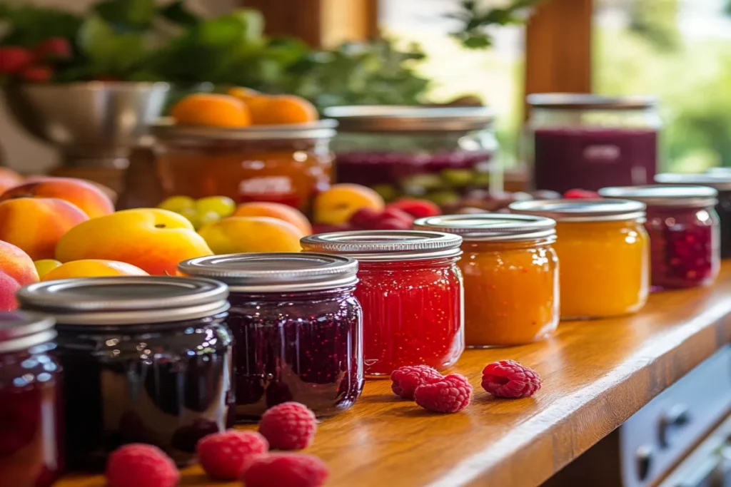 Homemade jams and jellies in mason jars with Sure Jell.