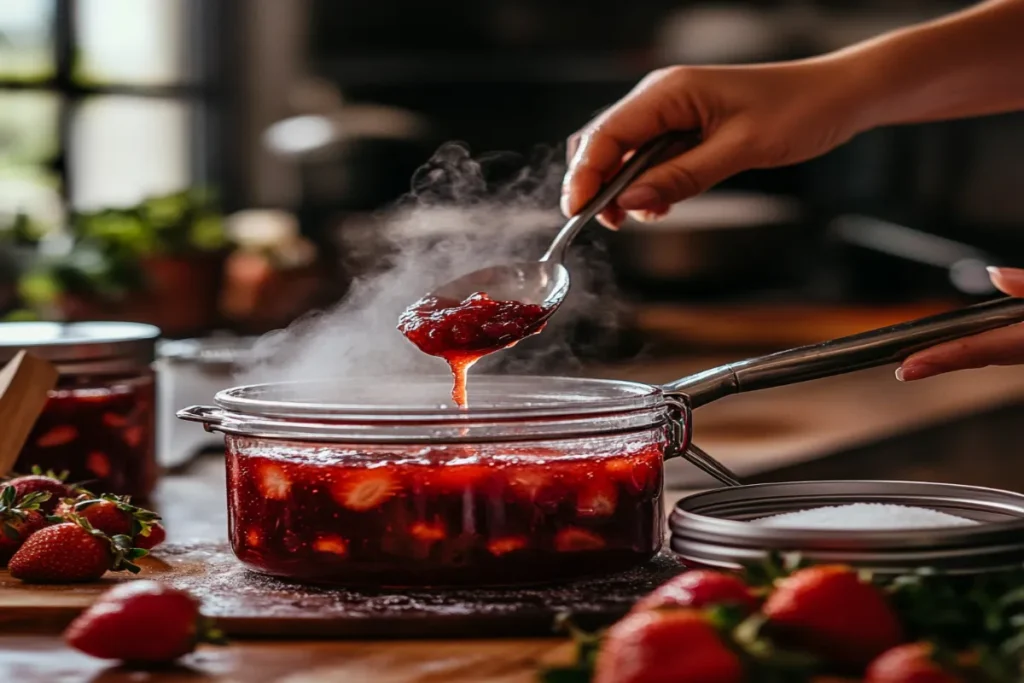 Spoon scooping strawberry jam into a jar.