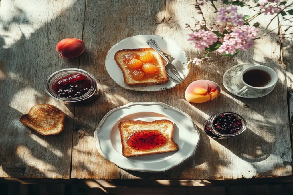 Toast with various jams on a breakfast table.