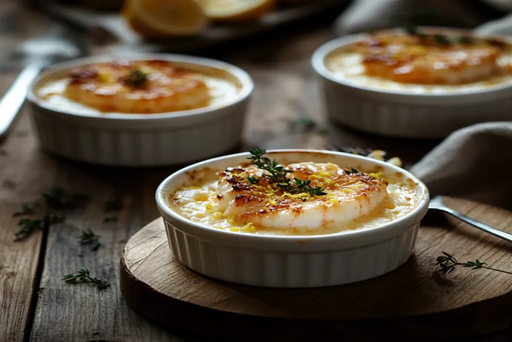 Crab Brûlée Recipe in white ramekins with caramelized crust and garnished with fresh herbs.