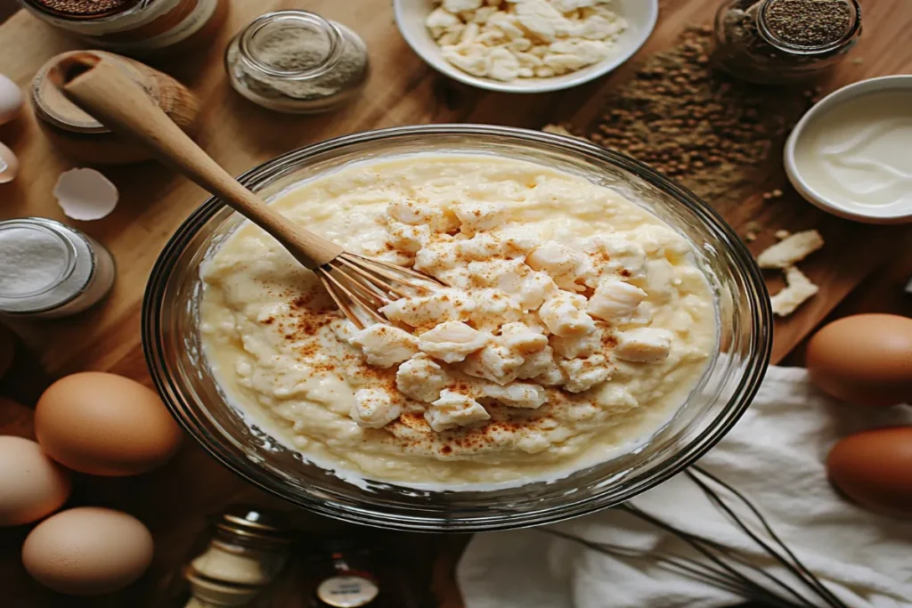 Preparing Crab Brûlée with fresh crab meat and creamy custard mixture.