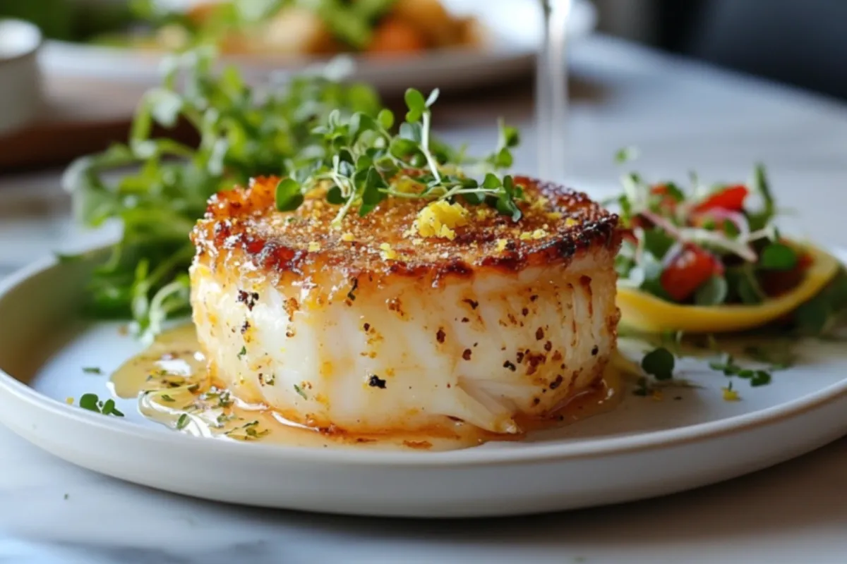 Elegantly plated crab brûlée with sugar crust and garnishes.