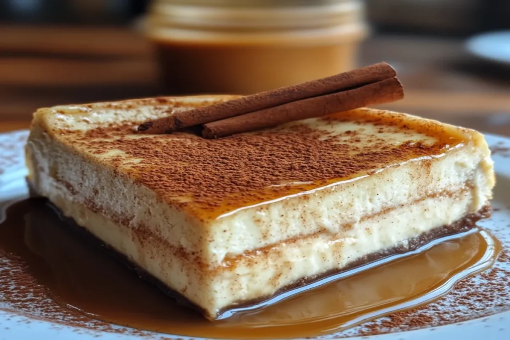 Delicious churro cheesecake slice with cinnamon sugar topping