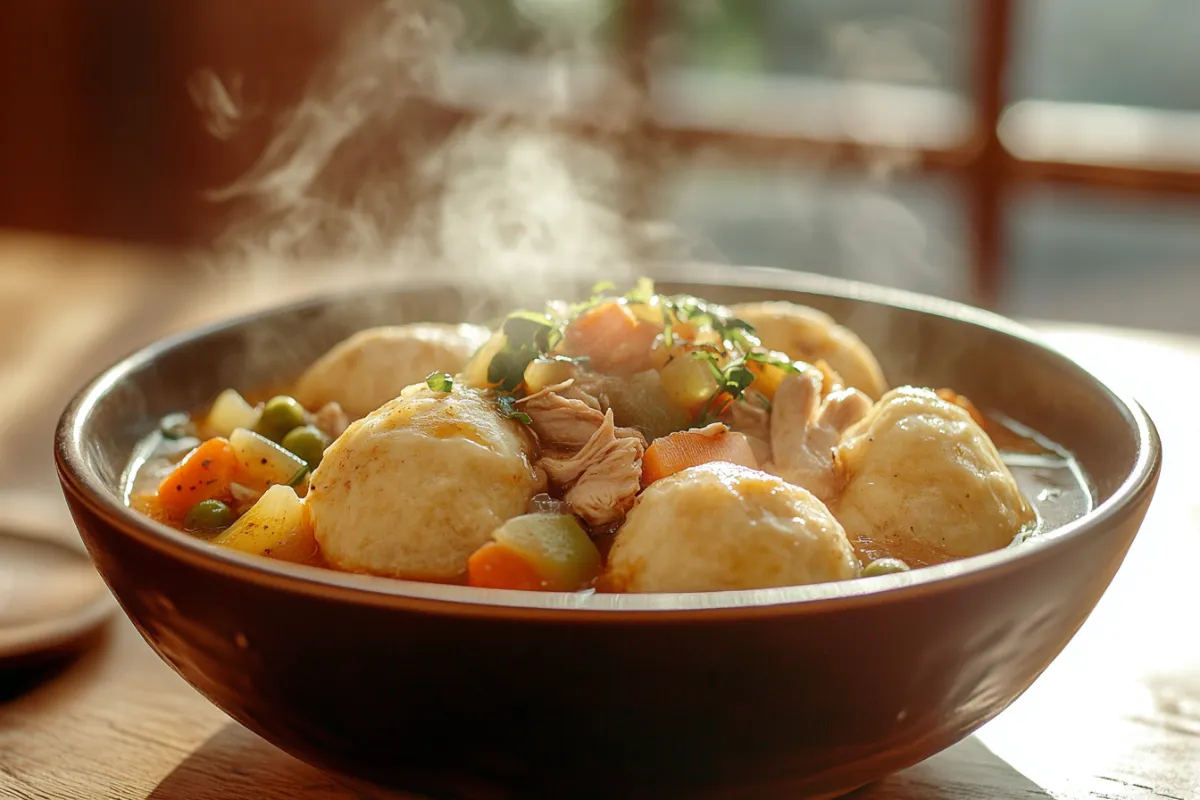 Bowl of Bisquick dumplings on a chicken stew